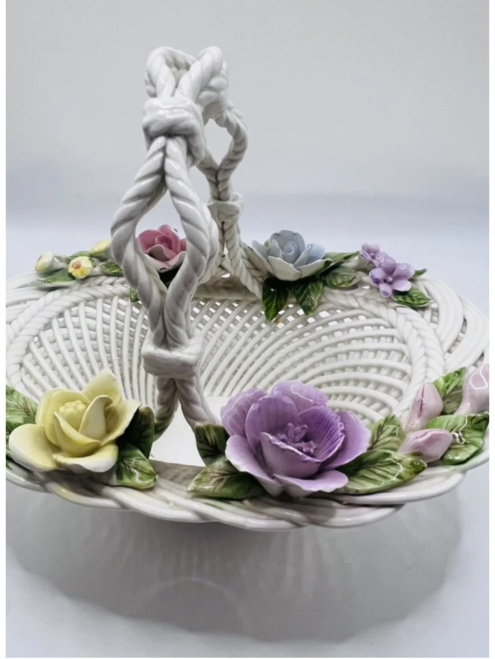 Vintage Spanish Woven Porcelain Basket White 3D Floral Pastel Made In Spain